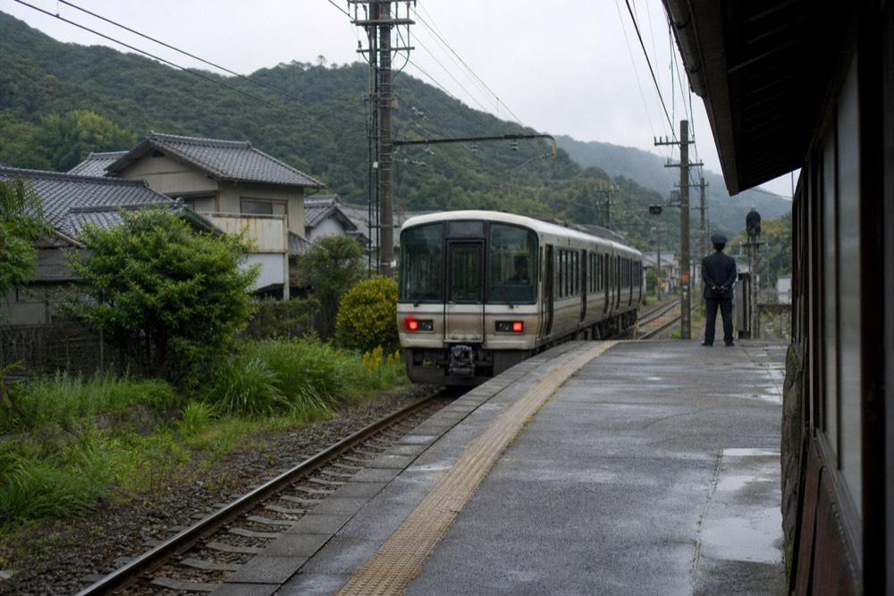A two-car local train waiting at a small station platform in Japan