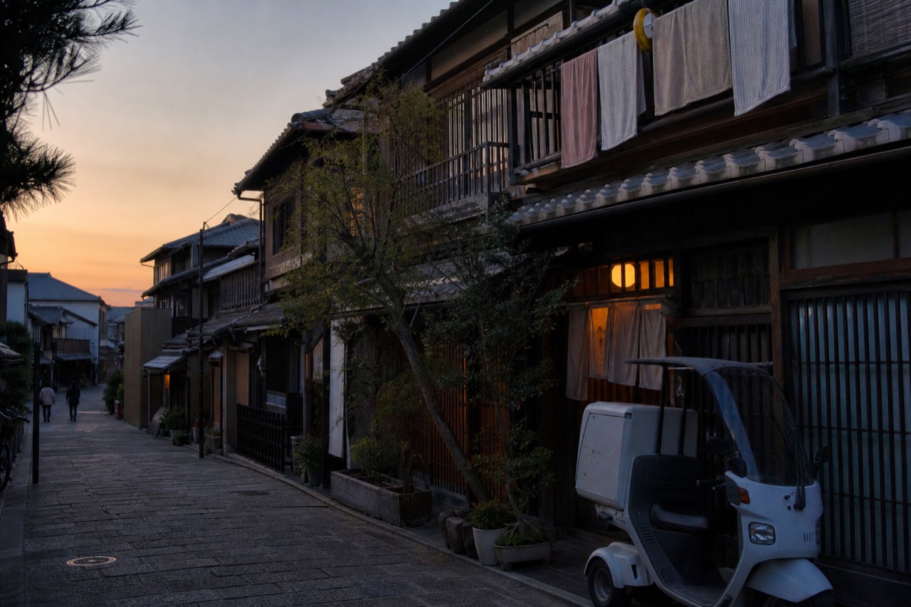 Traditional wooden machiya townhouses lining a narrow Kyoto street at dusk