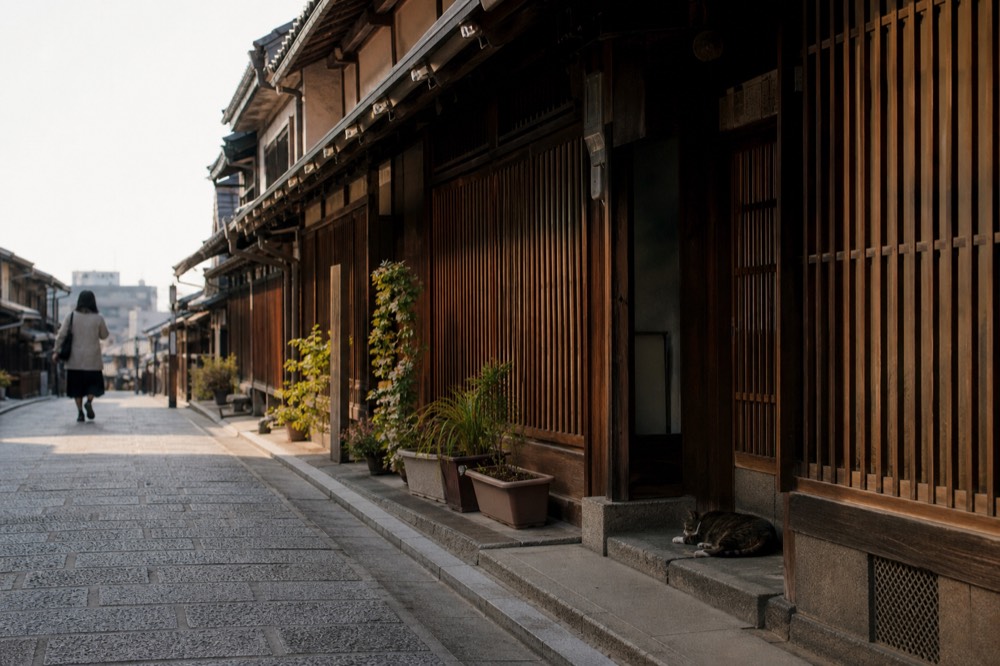Latticed wooden storefronts along a narrow old merchant street in Naramachi