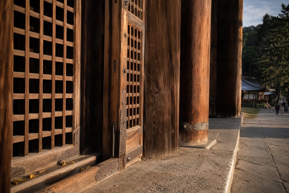 Wooden pillars and lattice doors of the Great Buddha Hall at Todai-ji