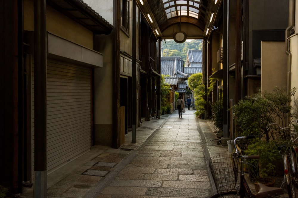 A quiet shopping arcade street leading toward temple rooftops in Nara