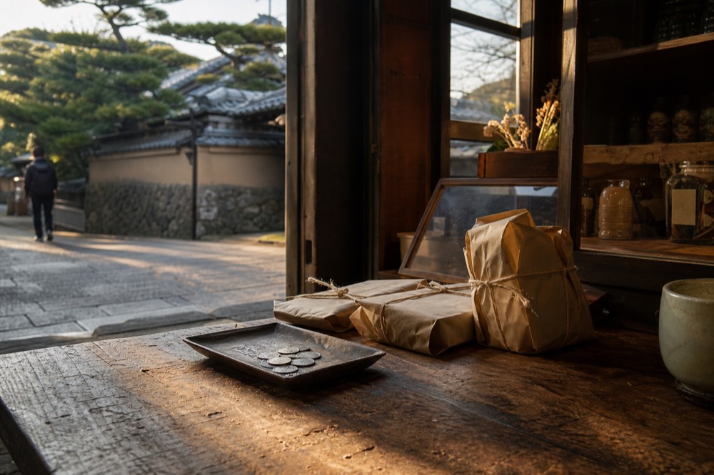 A wooden counter with a cash tray and paper-wrapped parcels in a small shop